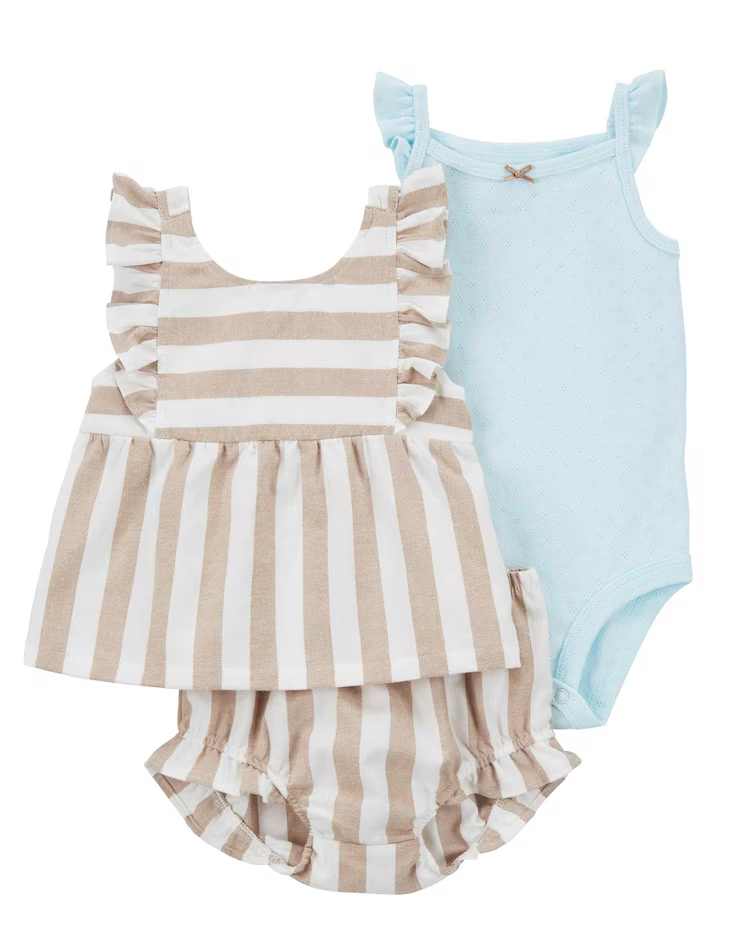 Conjunto curto bebê 3 peças babados listras multicor | Babycare