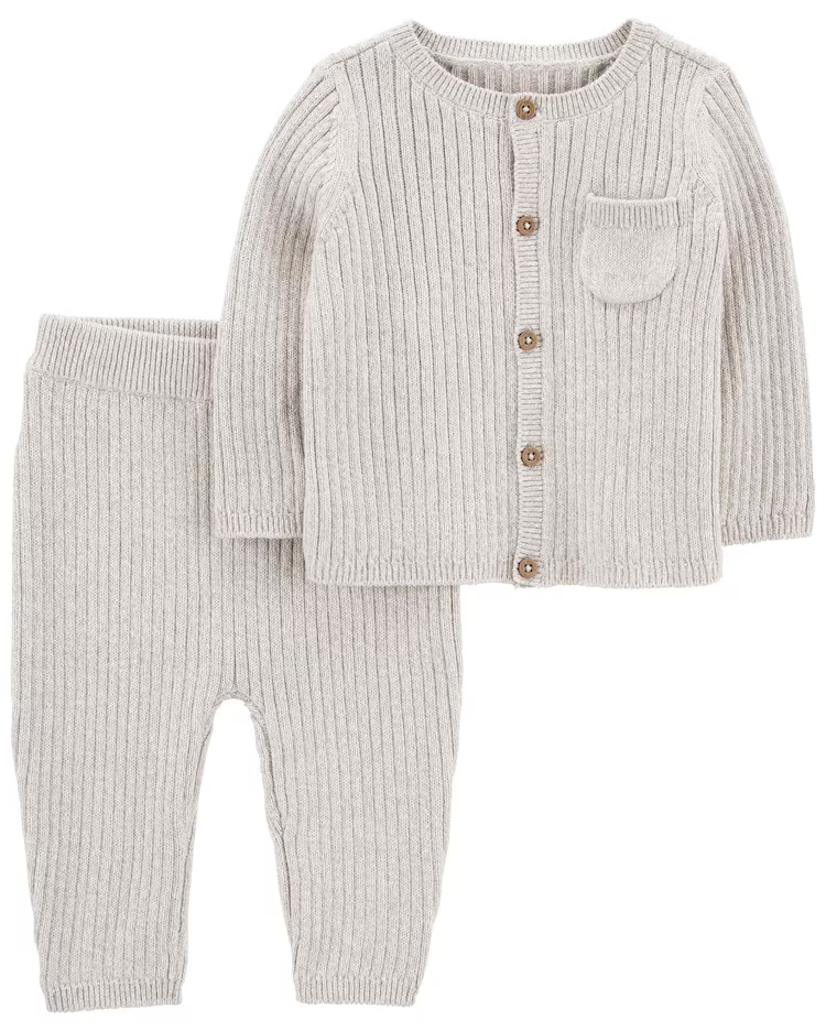 Conjunto longo bebê 2 peças de tricot com bolso cinza | Babycare