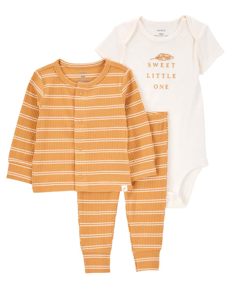 Conjunto longo bebê 3 peças listrado laranja | Babycare