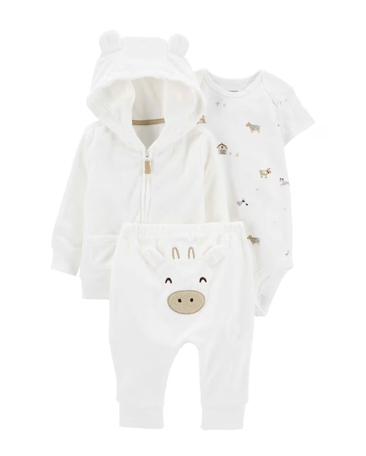 Conjunto longo bebê 3 peças fazendinha branco | Babycare