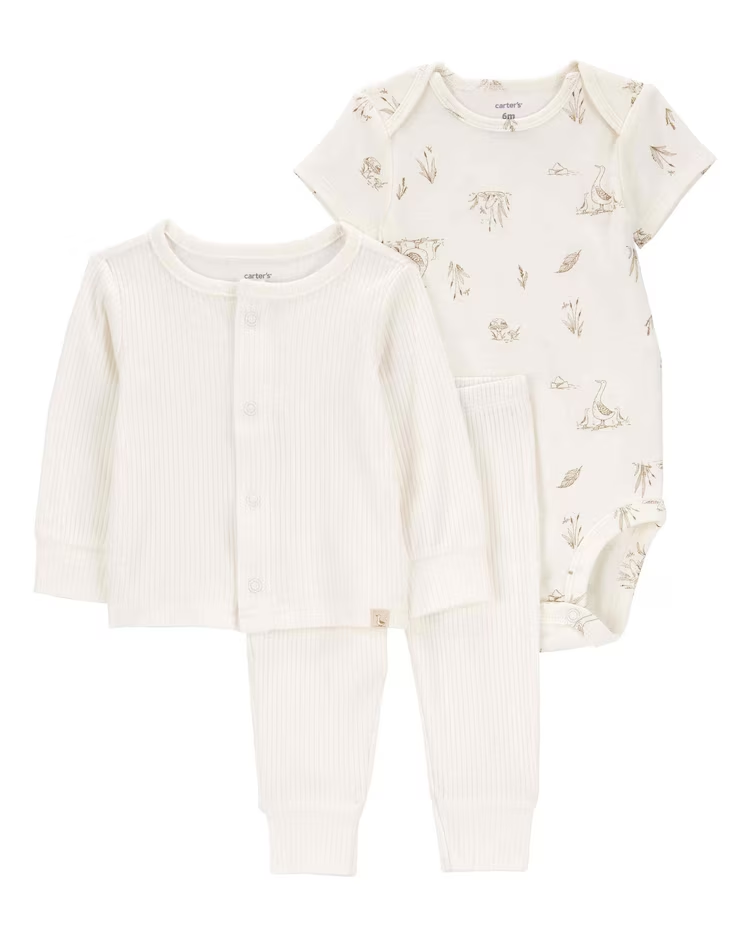 Conjunto longo bebê 3 peças canelado de bichinhos off-white | Babycare